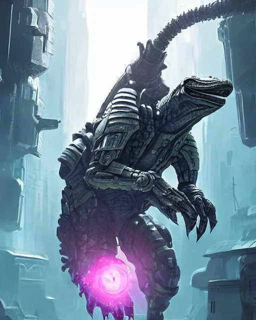 Image similar to Sci-Fi Crocodile alien, armored, big, art by Kashin, Wadim, Martinière, Stephan, Anton Fadeev, depth of field, holding rifle, sharp focus, pitch black cursed evil Spaceship hallway, dark light, soft purple glow, heroic pose, sci-fi artwork, octane render, dead space artwork, cyberpunk, vivid colors, occult, magical, volumetric lighting, 8k high definition, highly detailed, trending on art Station, centered, by Greg Rutkovski, sci-fi artwork, arnold render