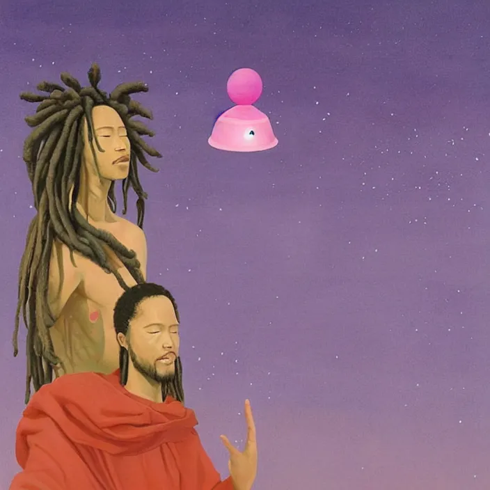 Image similar to UFO hovering around an African Jesus with dreadlocks, colourful painting by Hsiao-Ron Cheng,