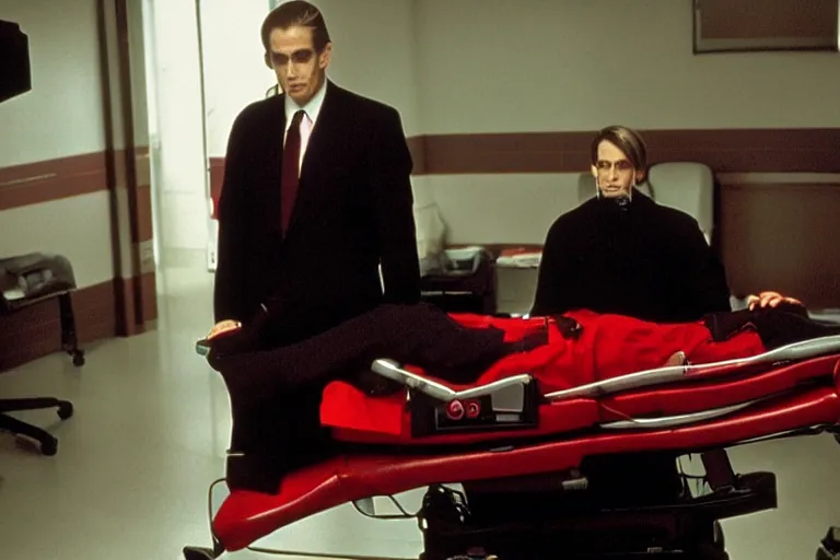 Image similar to a scene from the movie dead ringers with clean shaven jeremy irons, dark cinematic lighting, heavy black and red palette and color contrast, medical equipment, movie directed by wes craven