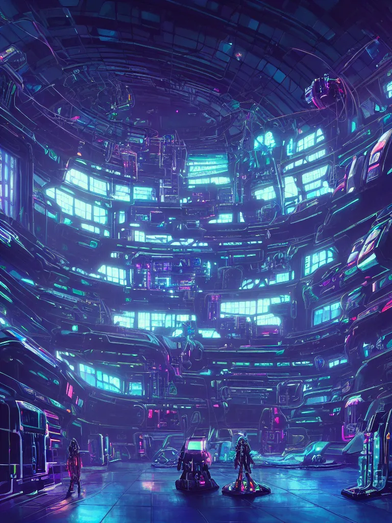 Image similar to the interior of a celestial spaceship cyberpunk hangar in a bioluminescent walls decorated beautifully, lots of cyberpunk design elements like humanoids and mecha robots, warm sunlight shining in, lots of cables and neon signs, concept art 8 k resolution, fantasy illustration, sharp focus, detailed painting, deep color, volumetric lighting, crepuscular rays