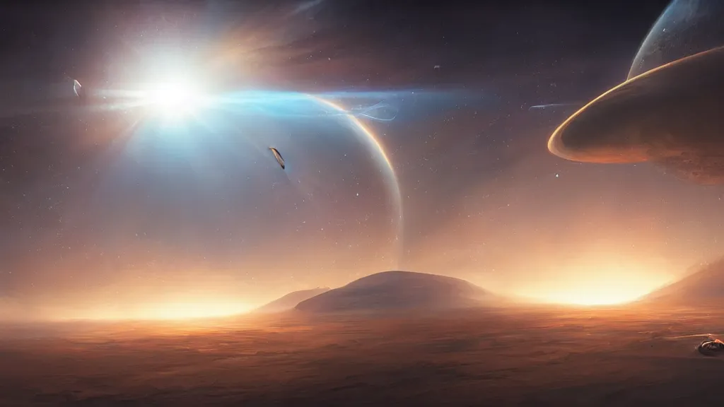 Prompt: planet crashes into the Earth at great speed, catastrophic, Power, frightening appearance, the sun's rays through the dust, a shock wave, art by Jessica Rossier,