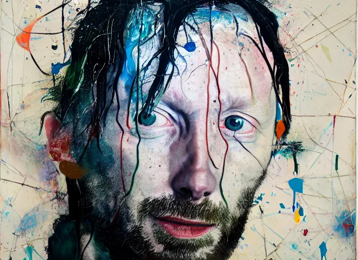 Image similar to portrait of thom yorke, by vincent lefevre and hernan bas and pat steir and hilma af klint, psychological, photorealistic, dripping paint, washy brush, rendered in octane, altermodern, masterpiece