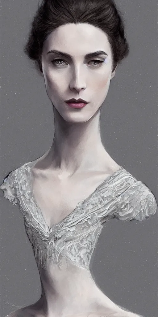 Image similar to a beautiful longshot portrait of a tall thin stunning Victorian model in a high-collared grey and white dress on the beach in the movie The Piano, intricate, elegant, highly detailed, artstation, concept art, smooth, sharp focus, illustration, award-winning, masterpiece, in the style of Tom Bagshaw, Cedric Peyravernay, Peter Mohrbacher, george clausen