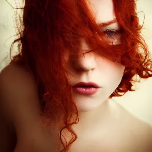 Prompt: beautiful irish lass with red wavy hair and piecing eyes, soft flawless pale skin, photography dramatic dark lighting, hyperrealistic