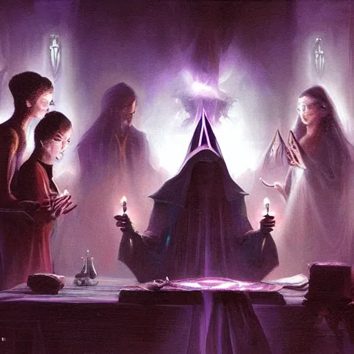 Prompt: a seance in a dark room, fantasy art, magic : the gathering