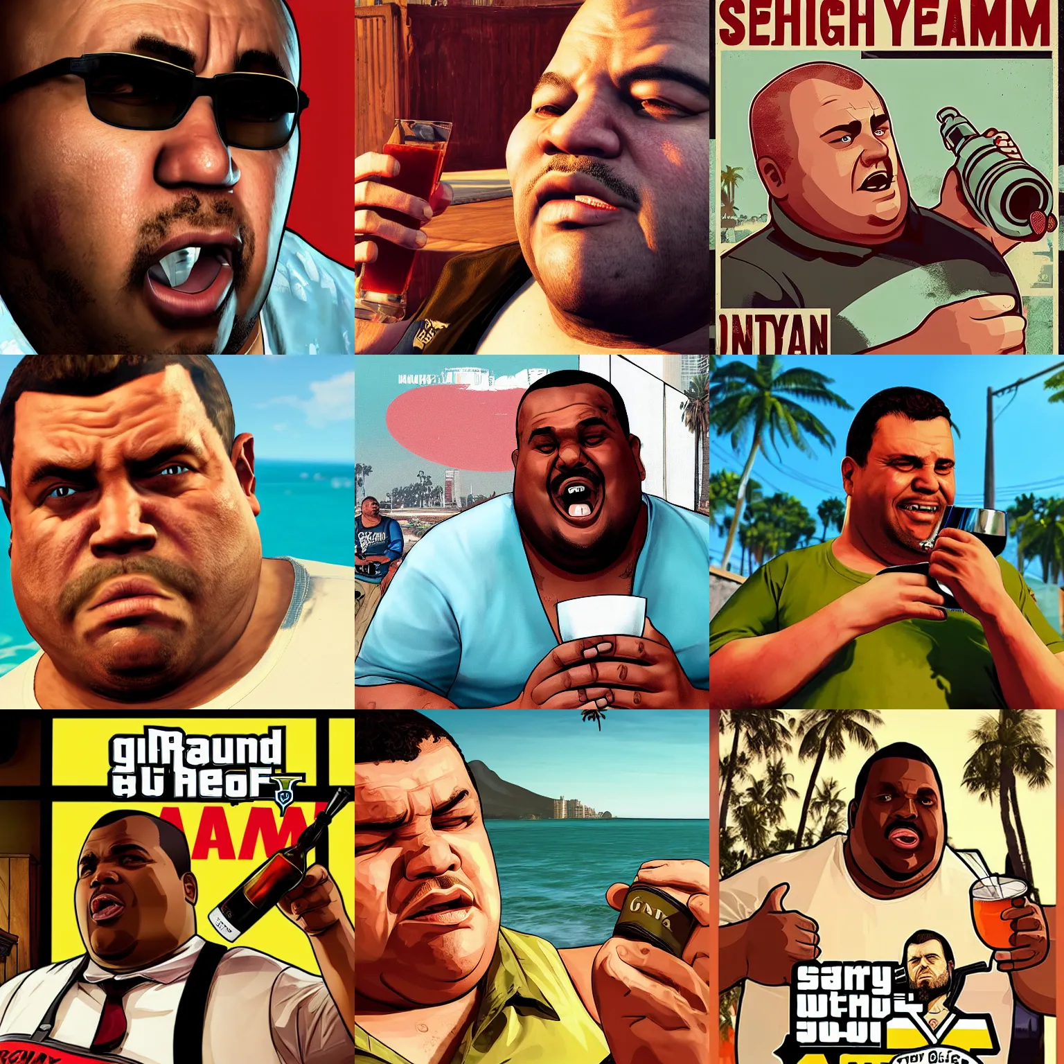 Prompt: Slightly overweight man drinking rum, closeup, GTA V poster