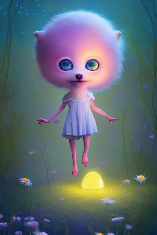 Prompt: a surreal Bioluminescent, very very very cute daisy in a happy world by Daniel Merriam, Trending on Artstation, oil on Canvas by Elena Zhurikhina and Goro Fujita and Charlie Bowater, octane render, 4k, 8k, HD