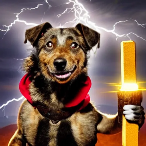 Image similar to a canine thor holding hammer with its paw, dramatic lightning background