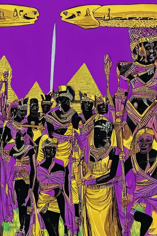 Image similar to A black Warrior Queen in purple surrounded by black panthers with Egyptian pyramids in the background