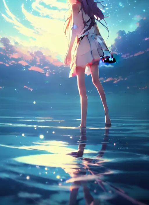 Image similar to anime girl walking on water, ripples, backdrop of dawn, saturn in the background, illustration, concept art, anime, key visual, trending pixiv fanbox by wlop and greg rutkowski and makoto shinkai and studio ghibli