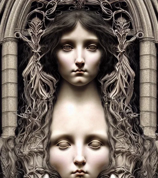 Image similar to hyperrealistic detailed face portrait of a beautiful long haired young goddess morphing into a gothic cathedral, authentic ornamental architecture, art by ernst haeckel, john william godward, android jones, h. r. giger, gothic, neo - gothic, heavily ornamental,