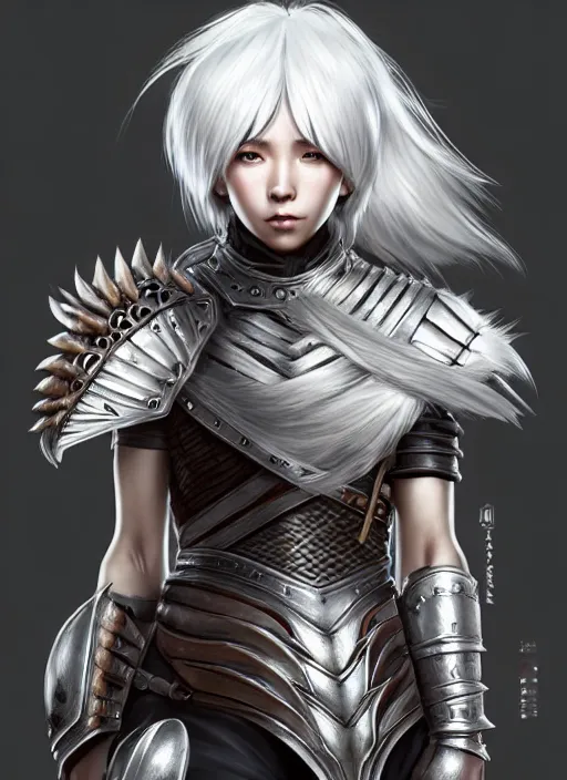 Image similar to warrior, fur - lined heavy armor!!! beautiful and athletic white hair female!! monster hunter!! character concept art, sharp focus, octane render! unreal engine 5! highly rendered!! trending on artstation!! detailed linework!! illustration by artgerm, wlop, and chie yoshii