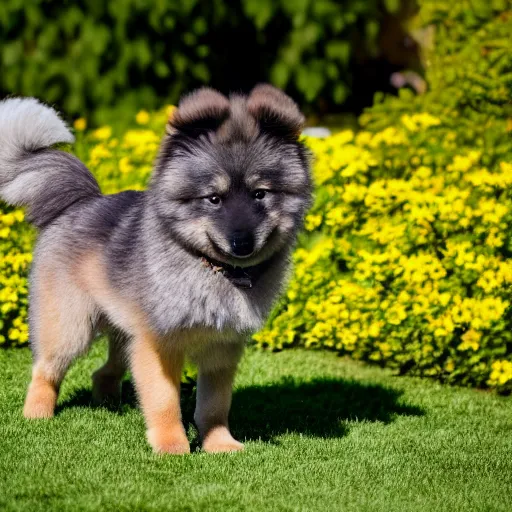 Image similar to a keeshond puppy sniffing a flower, sigma 8 5 mm f / 1. 4