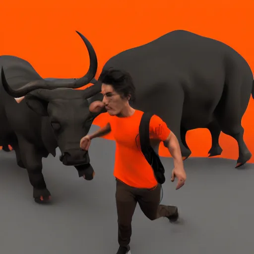 Image similar to man in orange t - shirt chased by big black bulls, artstation