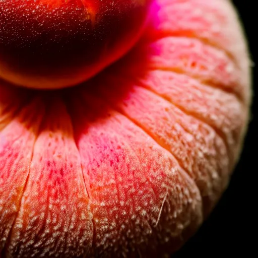 Image similar to a macro photo of a round peach's dry hairy skin, hyper realistic, hyper detailed, 35mm, very grainy film, pink volumetric studio lighting, bokeh, black background award winning shot, vogue magazine, cinematic, 8k, very closeup, elegant, tender, pastel