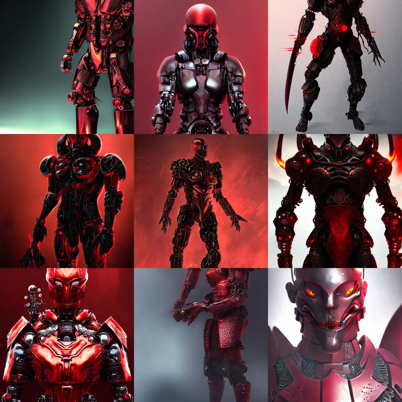 Prompt: humanoid warrior with a body of red matte thick metal scales, dark and ominous, cybernetic, character concept artwork, realistic, evil, gritty, matte, fire, detailed, rich iridescent colors, cgi, hd