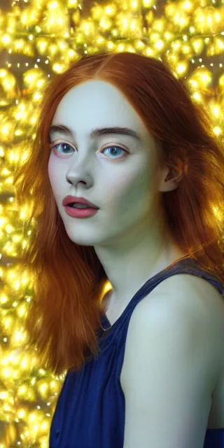 Image similar to an amazed young woman surrounded by golden firefly lights in a mesmerizing scene, sitting amidst nature fully covered, long loose red hair, precise linework, accurate green eyes, small nose with freckles, smooth oval shape face, empathic, bright smile, expressive emotions, hyper realistic ultrafine portrait by artemisia gentileschi, jessica rossier, artgerm