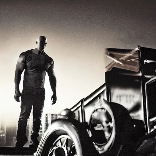 Prompt: very closeup photo of vin diesel as tommy angelo standing near ford model t, chicago 1 9 3 0, night, volumetric lighting, ultra realistic, highly detailed, cinematic, art by jan urschel and neil blevins