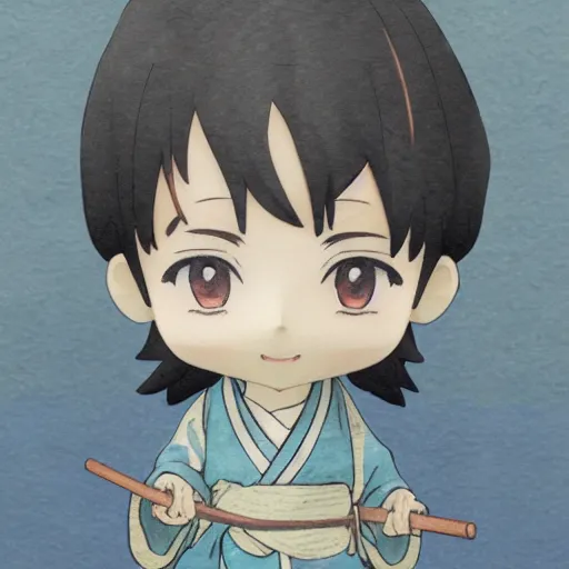 Image similar to beautiful water color concept art of face detailing cute nendoroid boy in the style of hokusai , toon rendering, close-up, no shade, modern art, kyoto animation