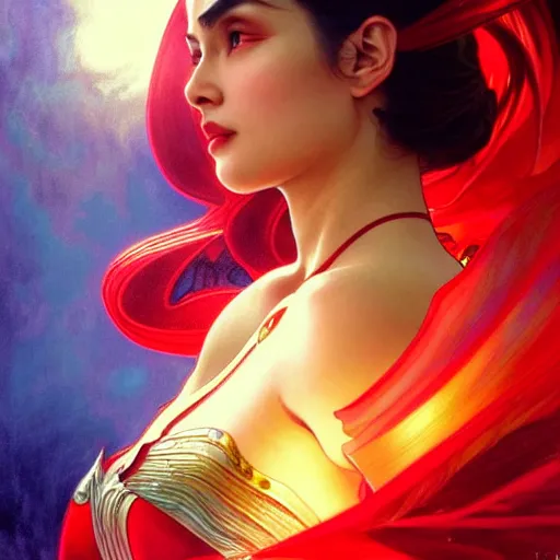 Image similar to kristine hermosa as darna, volumetric lights, red and cyan theme, art nouveau botanicals, intricate, highly detailed, digital painting, artstation, concept art, smooth, sharp focus, cinematic, illustration, beautiful face, art by artgerm and greg rutkowski and alphonse mucha