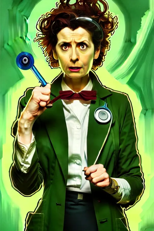 Image similar to doctor who, woman, as a mad dentist, on a plain green background, art by artgerm and greg rutkowski and alphonse mucha