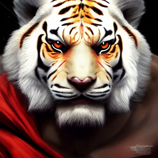 Image similar to a esthetic portrait commission of a muscular antrho albino tiger wearing the superman outfit,hyperdetailed face,character design by charlie bowater,ross tran,artgerm,makoto shibkai,photorealistic,western comic book art,film poster,deviantart,artstation