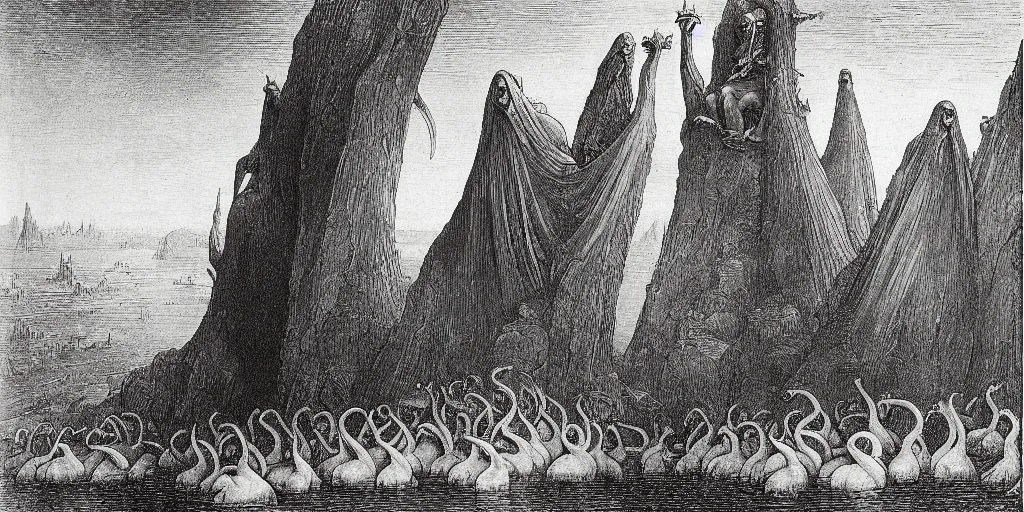 Image similar to gargantuan geese guarding the gates of hell, art by gustave dore, hieronimus bosch