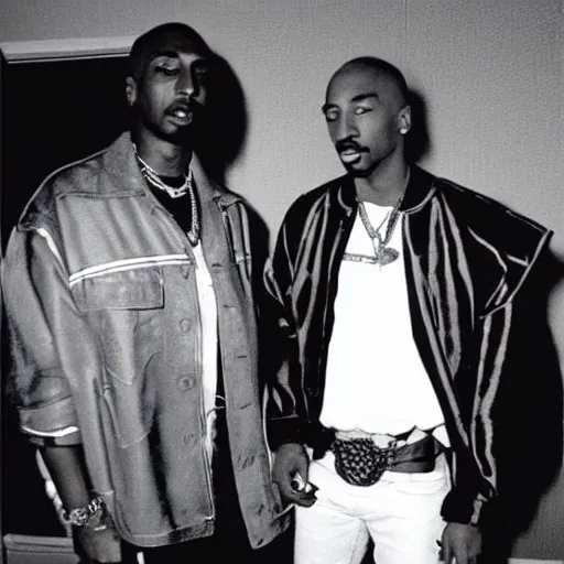 Prompt: sir isaac newton and tupac shakur chillin at the club, good friends, 9 0 s photograph