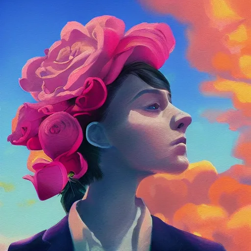 Image similar to closeup, giant rose flower as a head, frontal, a girl in a suit, surreal photography, sunrise, blue sky, dramatic light, impressionist painting, digital painting, artstation, simon stalenhag