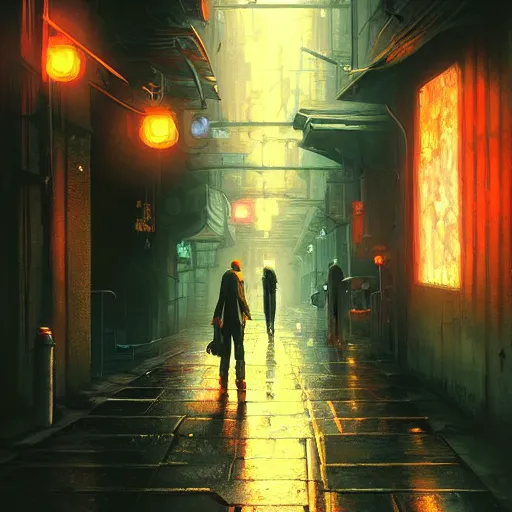 Image similar to a ultra detailed beautiful painting of a dark alleyway in a cyberpunk city at nighttime, oil panting, high resolution 4 k, by ilya kuvshinov, greg rutkowski and makoto shinkai