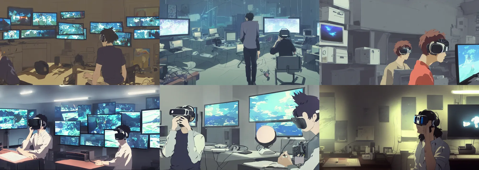 Prompt: man wearing a virtual reality headset, indoors, alone in a small room of monitors, modern times, screenshot from the anime film by Makoto Shinkai