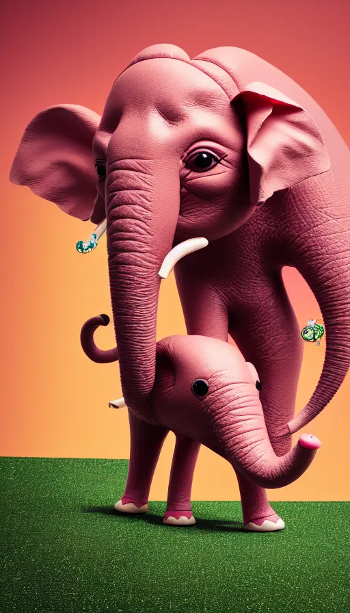 Image similar to A pink elephant with a piercing in his trunk wearing a orange green mohawk and a leather jacket on which a mouse is printed. perfectly-centered-photograph of a pink elephant, film still, dynamic action pose, insane detail, intricate, highly detailed, Zeiss Lens, DSLR photography, smooth, sharp focus, Unreal Engine 5, Octane Render, Redshift, 8K