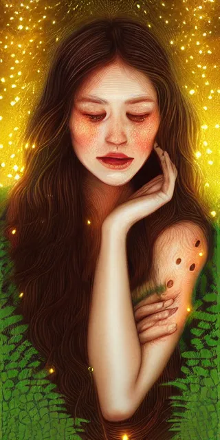 Image similar to young woman, smiling, amazed by golden fireflies lights, sitting in the midst of nature fully covered, long loose red hair, intricate linework, green eyes, small nose with freckles, oval shape face, realistic, expressive emotions, dramatic lights, spiritual scene, hyper realistic ultrafine art by cecco del caravaggio and albert bierstadt and artgerm