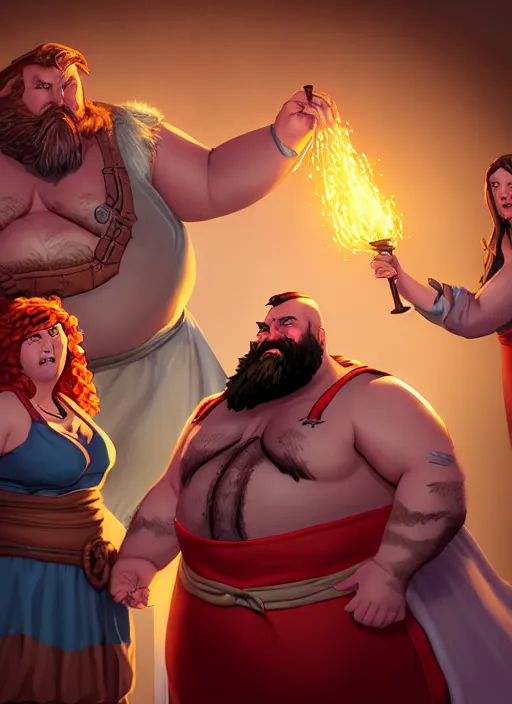 Image similar to an epic fantasy comic book style portrait painting of a hearty man with a big belly and thick beard and large woman who are a couple in a tavern with them both wearing aprons, unreal 5, daz, hyperrealistic, octane render, cosplay, rpg portrait, dynamic lighting