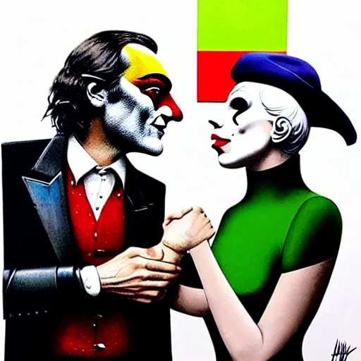 Image similar to richard hamilton and mimmo rottela and banksy as joaquin phoenix skinny joker holding hand lady gaga harley queen, ultra photorealistic, intricate details, pop art style, baroque, baroque, balance composition, concept art, ultrarealistic, 3 colors, smooth, sharp focus