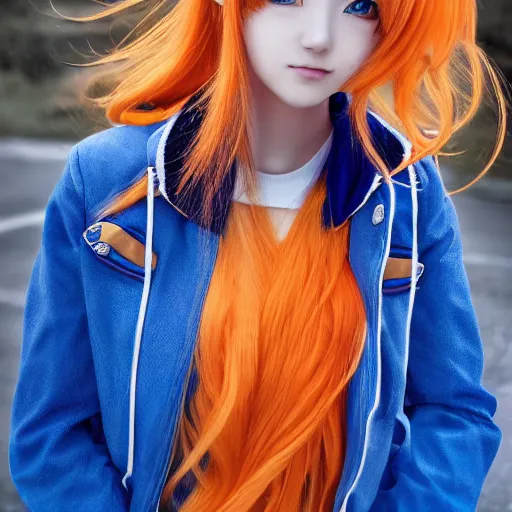 Prompt: orange haired anime girl, 1 7 year old anime girl with smooth long hair, wearing blue jacket, strong lighting, strong shadows, vivid hues, raytracing, sharp details, subsurface scattering, intricate details, hd anime, high budget anime movie, 2 0 2 1 anime