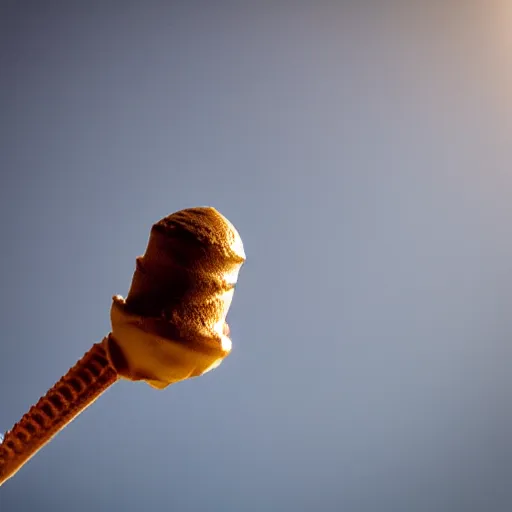 Prompt: detailed, textured photograph of a levitating chocolate ice cream cone with huge, hairy spider legs at the bottom. dramatic, golden light. realistic photograph.