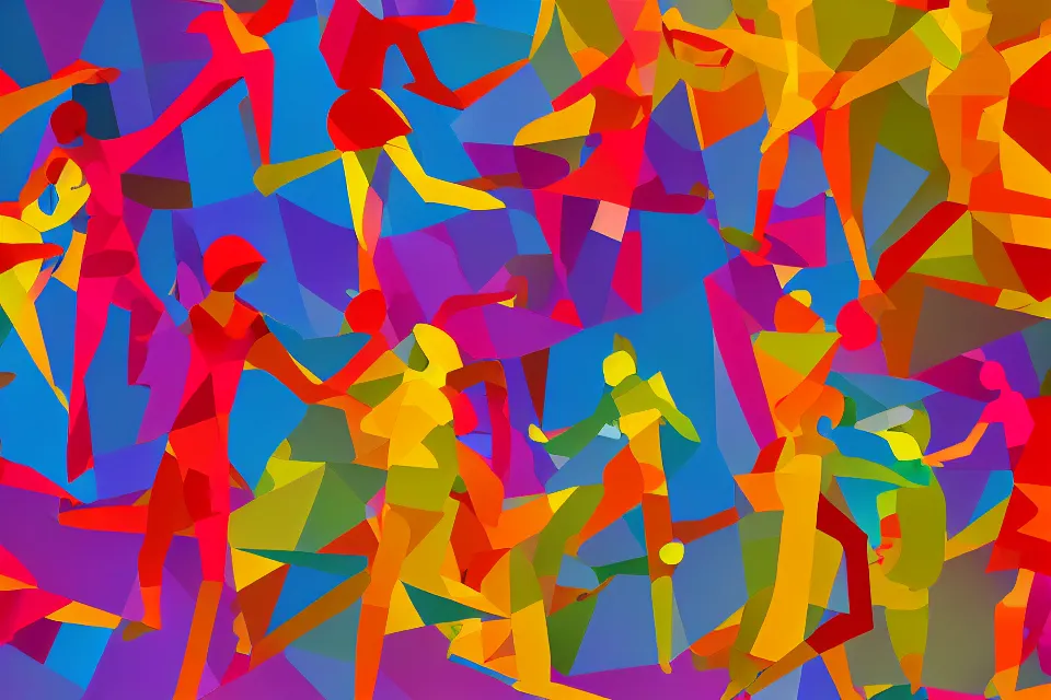 Image similar to a colorful, computer generated, abstract geometric intriguing render, abstract human figures dancing, autumnal colors