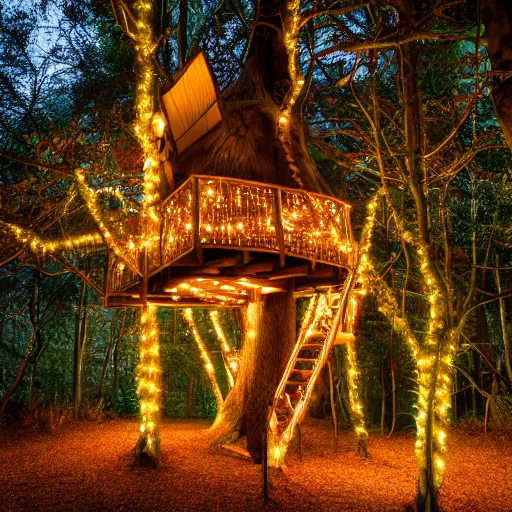 Image similar to a professional photograph of a treehouse in a forest covered in fairy lights, HD, high quality, highly detailed, award-winning