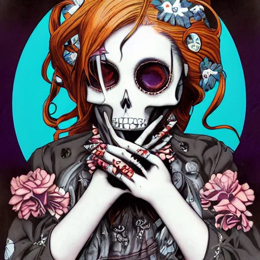 Image similar to anime portrait of a girl skull face detailed highres 4k by Trevor Brown and James Jean pop art nouveau