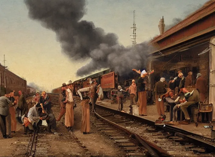 Prompt: detailed painting of oblivious to the danger, workers sitting on the railroad tracks drink wine and have fun against the backdrop of a steam locomotive approaching right at them by ivan aivazovski