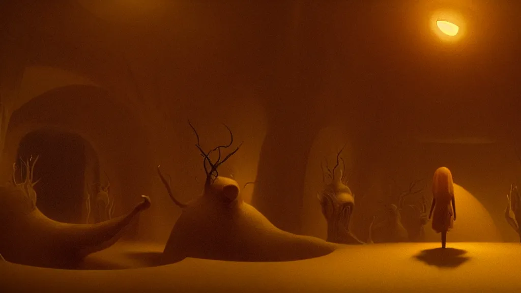 Image similar to the bright sun creature in the restaurant, film still from the movie directed by denis villeneuve and david cronenberg with art direction by zdzisław beksinski and dr. seuss