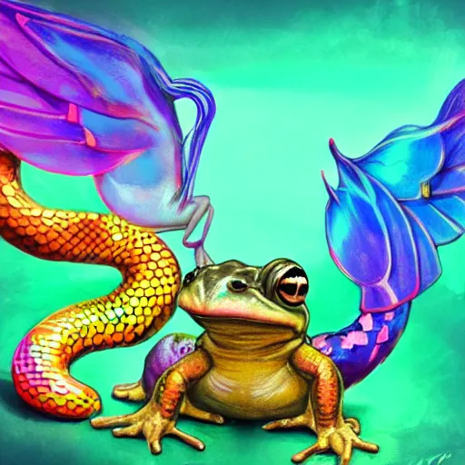 Image similar to toad with wings and rainbow snake and golden lizard, dance, dance, artstation, concept art, master illustration, details, good clear quality, fun - w 704