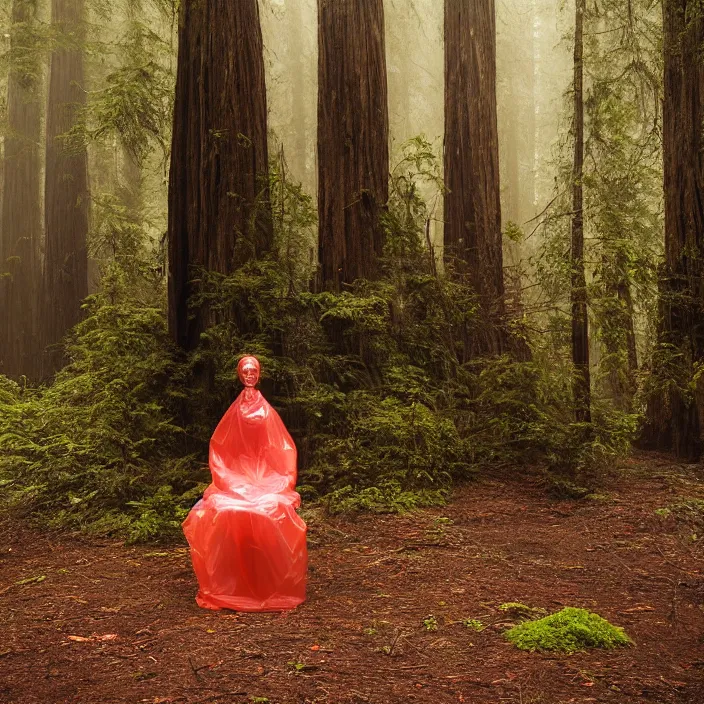 Prompt: a color photograph, closeup portrait of a woman wrapped in plastic, sitting in a plastic throne, in a foggy redwood forest, color photograph, by vincent desiderio, canon eos c 3 0 0, ƒ 1. 8, 3 5 mm, 8 k, medium - format print