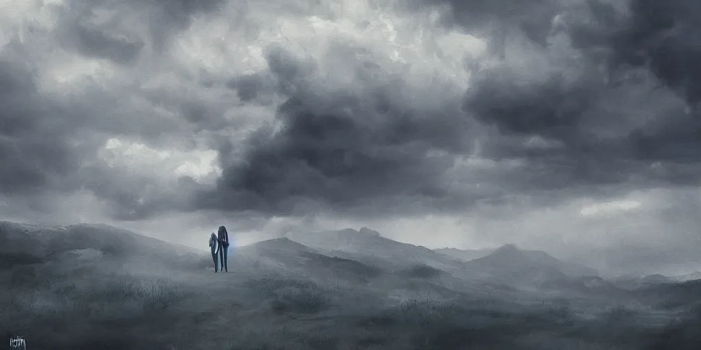 Image similar to school on the hill, walking on a mountain, surreal photography, blue and grey storm clouds, dramatic light, impressionist painting, digital painting, art station, simon starnhager