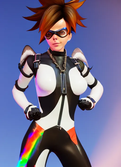 Image similar to portrait bust digital artwork of tracer overwatch, wearing white iridescent rainbow latex and leather straps catsuit outfit, 4 k, expressive happy smug expression, makeup, in style of mark arian, angel wings, wearing detailed black leather collar, chains, black leather harness, detailed face and eyes,