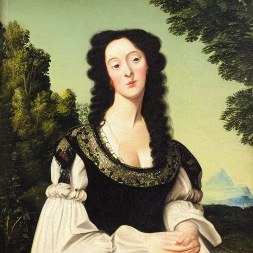 Image similar to young woman from the year 1 5 0 0, seated in front of a landscape background, her black hair is curly, she wears a dark green dress pleated in the front with yellow sleeves, puts her right hand on her left hand, and smiles slightly, oil painting