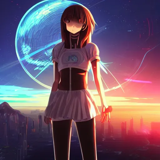 Prompt: advanced digital anime art, anime girl named Lucy , the god of time standing on An asteroid floating in space containing a vibrant futuristic technologically advanced utopian city with skyscrapers and flying drones, the beautiful landscape is backlit by sunlight. Cinematic, Award winning, ultra high resolution, intricate details, UHD dramatic, cinematic lighting, MCU, mid-shot, highly detailed, trending on pixiv, Unreal Engine 4k, depth of field, Artgerm, WLOP, Rossdraws, James Jean, Andrei Riabovitchev, Marc Simonetti, and Sakimichan