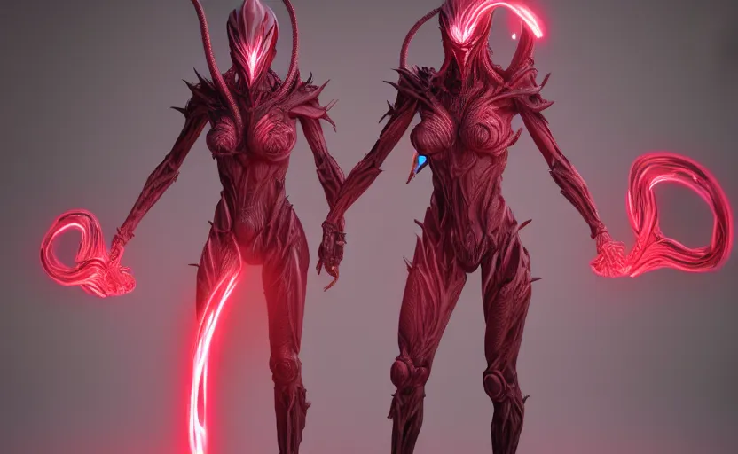 Image similar to stunning symmetric full body character image, woman, predator, Protoss, human, Tsutomu Nihei, 3d octane render, unreal engine, hyper realistic, realistic, white bone armor, soft illumination, human facial features, surrounded in red glowing tendrils of whispy smoke, trending artstation, 4K, insane