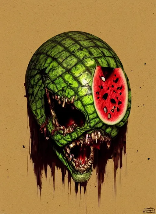 Image similar to hyper realistic photography portrait of smiling zombie with a watermelon helmet cinematic, greg rutkowski, brom, james gurney, mignola, craig mullins, artstation, cgsociety